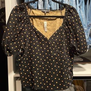 Madewell corduroy polka dot puff sleeve wrap top Black/Goldenrod NWT